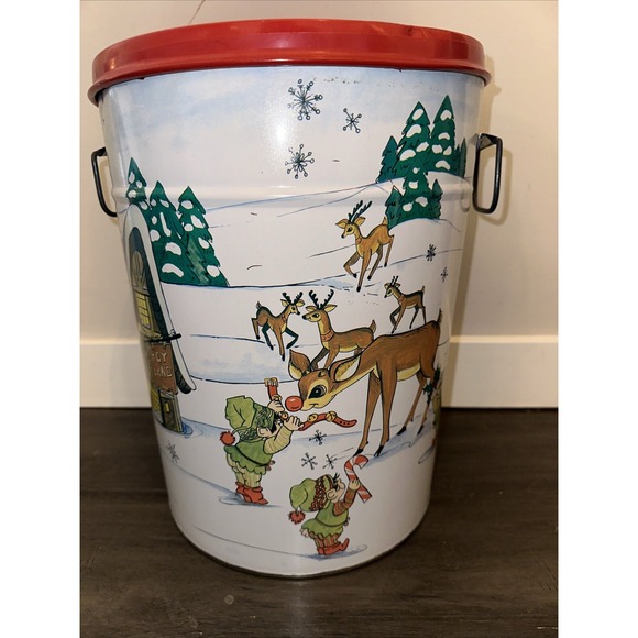Christmas Popcorn Tin Rudolph Reindeer Santa Holiday Toy Land Elves B Monroe Art - Picture 1 of 12